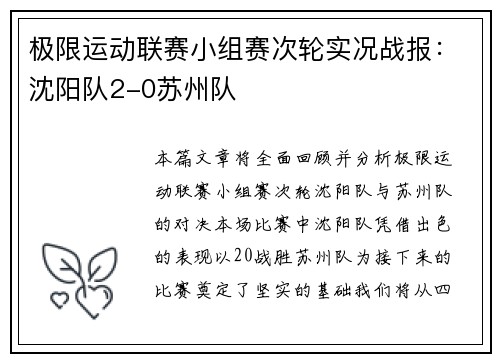 极限运动联赛小组赛次轮实况战报：沈阳队2-0苏州队