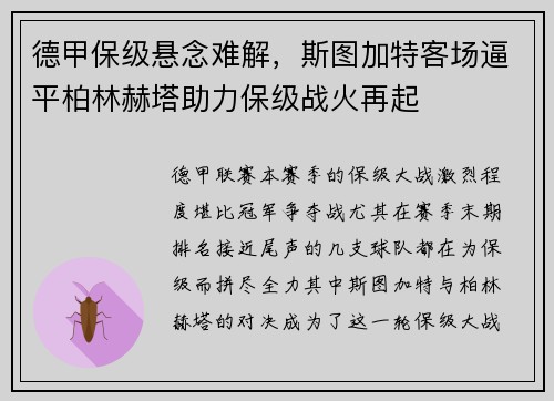 德甲保级悬念难解，斯图加特客场逼平柏林赫塔助力保级战火再起