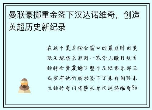 曼联豪掷重金签下汉达诺维奇，创造英超历史新纪录